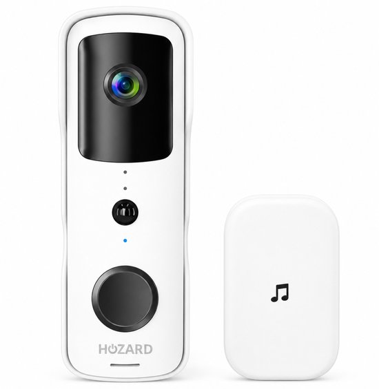 Witte draadloze deurbel met camera en een witte draadloze dingdong ernaast, op een witte achtergrond.