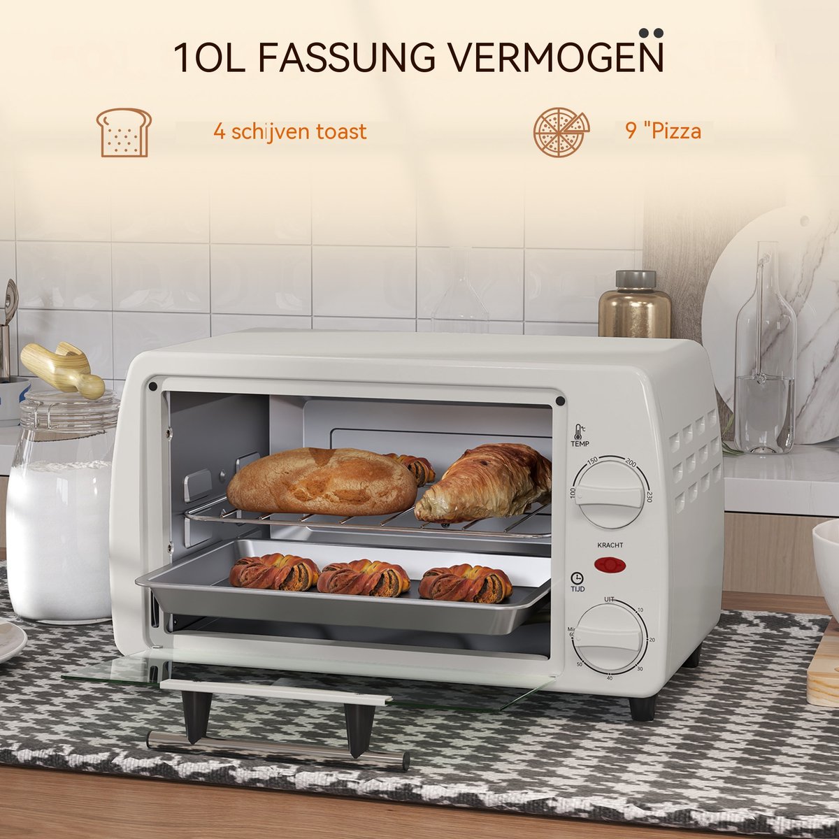 Mini Oven - Kleine Elektrische Oven - Temperatuur tot 230 ℃ - 60 Minuten Timer - 10 Liter 750W - Voor Camping en Keuken - 36,5x26x22 cm - Crèmewit – foto 4