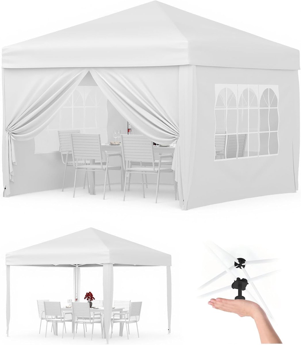 Tuin Paviljoen - Partytent met Zijwanden - 3x3m - Opvouwbaar Waterdicht Pop-up - Hoogte Verstelbaar - Voor Tuinfeest, Camping, Bruiloft, Terras - Wit