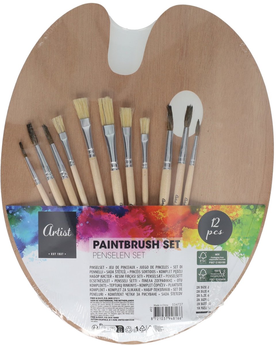 Set Kwasten - 11st. Met Houten Palet