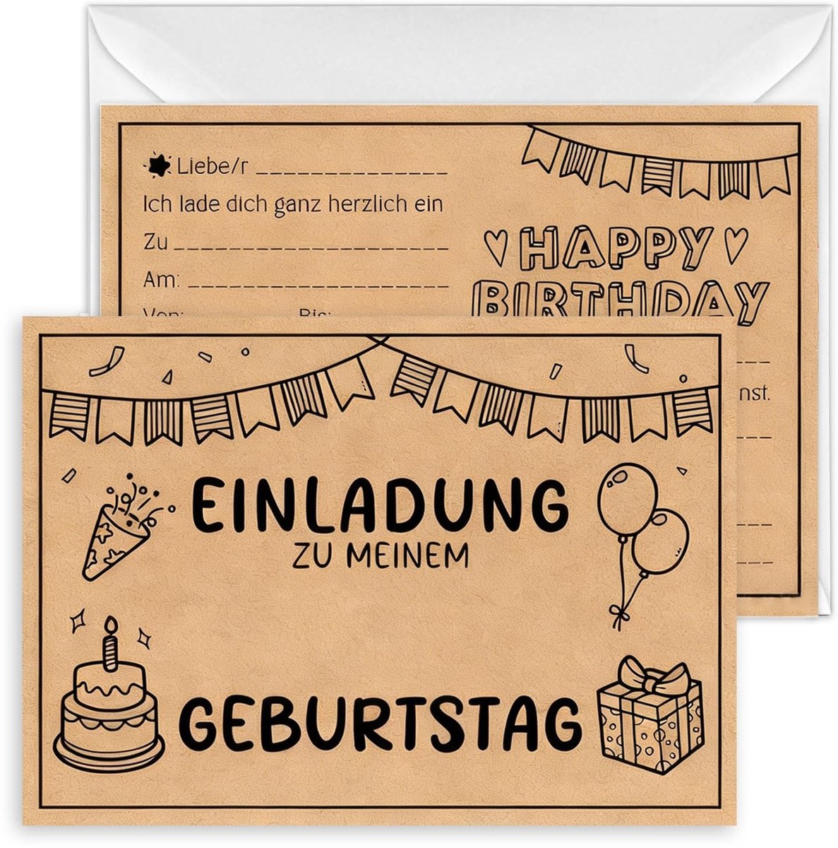 Dailygoods- Uitnodigingskaarten Set van 15 - Feestuitnodigingen - Verjaardagsuitnodigingen - Kraftpapier - Zelf Vorm Te Geven - 14,8 x 10,5 cm - Feestkaarten