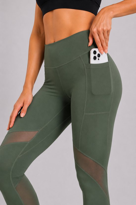 SparkNine Meshmotion sportlegging - dames - met zakken - L - groen - stijlvolle mesh panelen - telefoon zakken - elastisch - squatproof — afbeelding 4