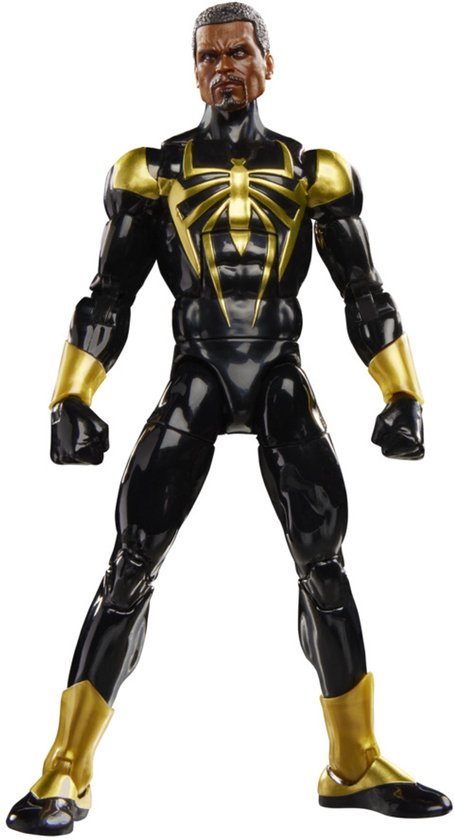 Actiefiguur van Iron Spider met zwart pak, gouden spinnenlogo, armen en laarzen. Mannenfiguur met kort, donker haar.