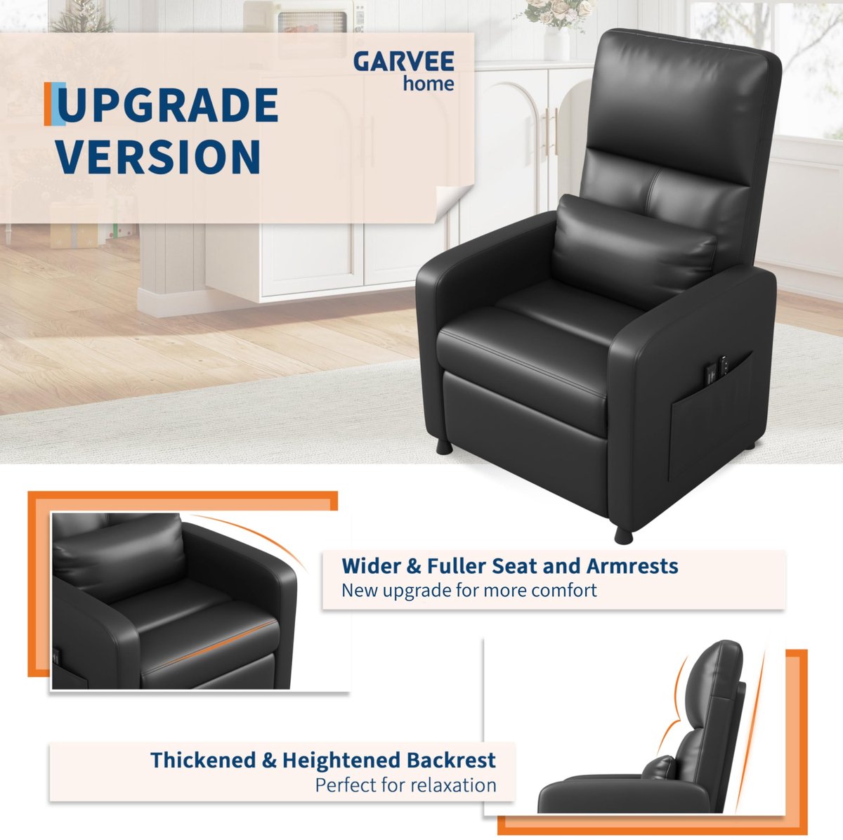 Relaxstoel Massagestoel Elektrisch, PU-Leder, Verstelbare TV Fauteuil met Voetensteun en Verwarming, Luxe Ligstoel voor Woonkamer, Slaapkamer, Kantoor, Zwart – foto 4