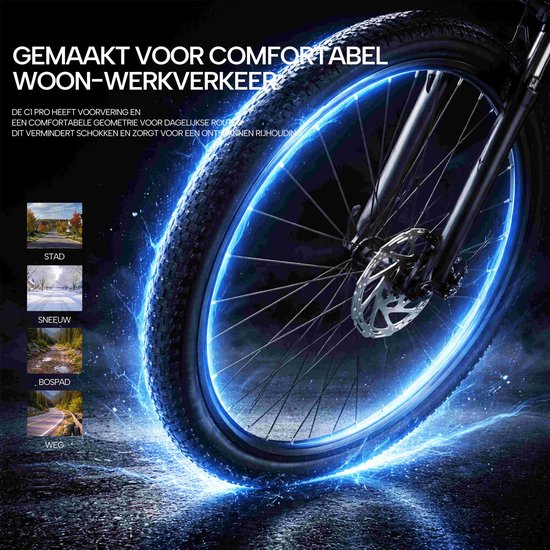 Galaxy C1 Pro Elektrische Stadsfiets 28 Inch - Extra Groot Bereik tot 150 km - 36V 18Ah EVE Accu - 250W Motor - Hydraulische Schijfremmen - Shimano 7 Versnellingen - Verende Voorvork - Inclusief Fietsmand en Slot-Blauw van galaxy — afbeelding 5