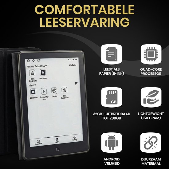 E-reader met apps, info over Quad-Core processor en geheugen, lichtgewicht.
