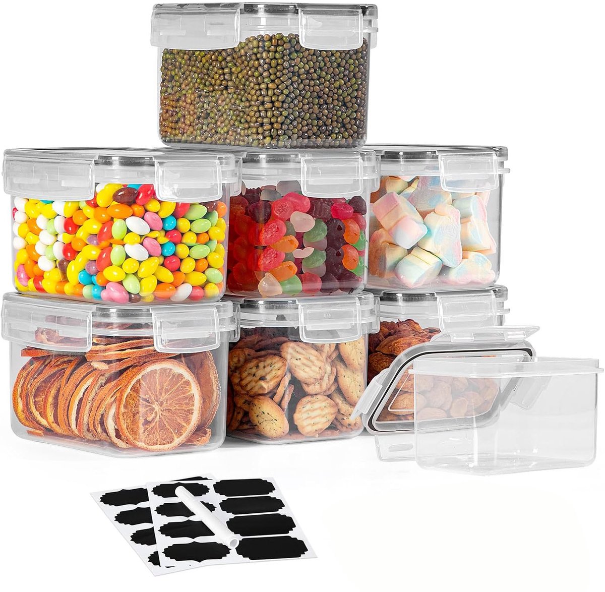 8-delige Plastic Luchtdichte Opbergpot Set 800ml – Transparante Keuken Voorraadpotten voor Kruiden en Droge Voeding – Inclusief Labels en Marker