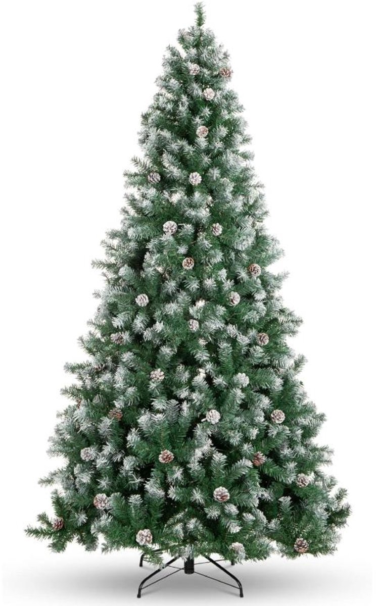 Kunstkerstboom, voorzien van 550 warmwitte LED-lampjes – PE/PVC-kerstboom met sneeuwlaagje en dennenappels – 1346 takken, inklapbaar scharniersysteem, metalen standaard – 225 cm