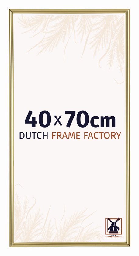 Cadre photo doré 40x70 cm de Dutch Frame Factory avec illustration de plume décorative.