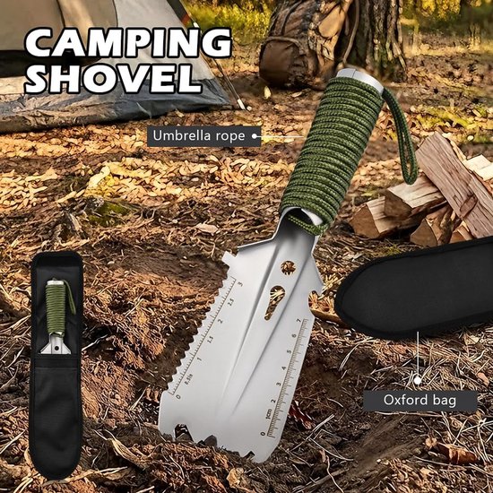 Tuinschep - Campingschep - Handschep voor buiten - RVS - 9-in-1 militaire schep - Tactische handschep - Campingaccessoires - Geschikt voor tuinieren-kamperen en strandjutten - Zilver - 26*7 cm — afbeelding 4