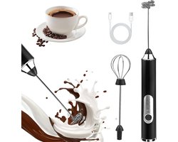 Handmelkschuimer, oplaadbaar, voorzien van 2 roestvrijstalen roerstaafjes, elektrische drankblender met 3 snelheden, roerstaafje voor latte, cappuccino, matcha, warme chocolademelk en een zwarte eierblender.
