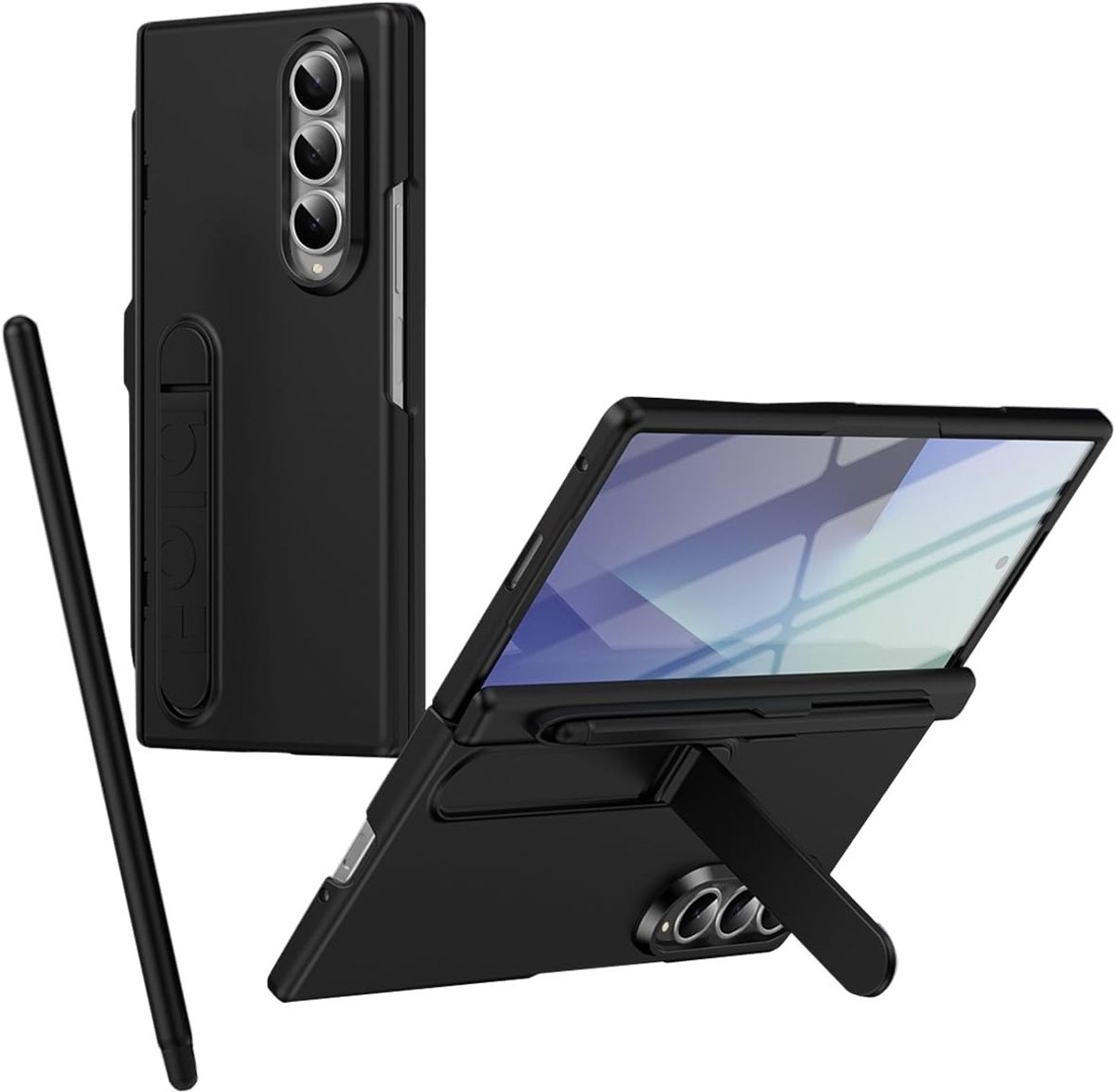 Stand Case voor Galaxy Z Fold 4 met ingebouwde schermbeschermer, scharnierbescherming en penhouder - Z Fold4 opvouwbare hoes in zwart met stylus