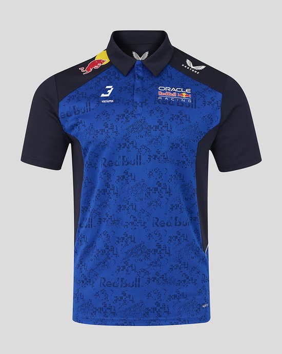 Donkerblauw poloshirt met grafische print, Max Verstappen-nummer 3 en Red Bull Racing-logo's op de voorkant, Castore-logo op de schouders.