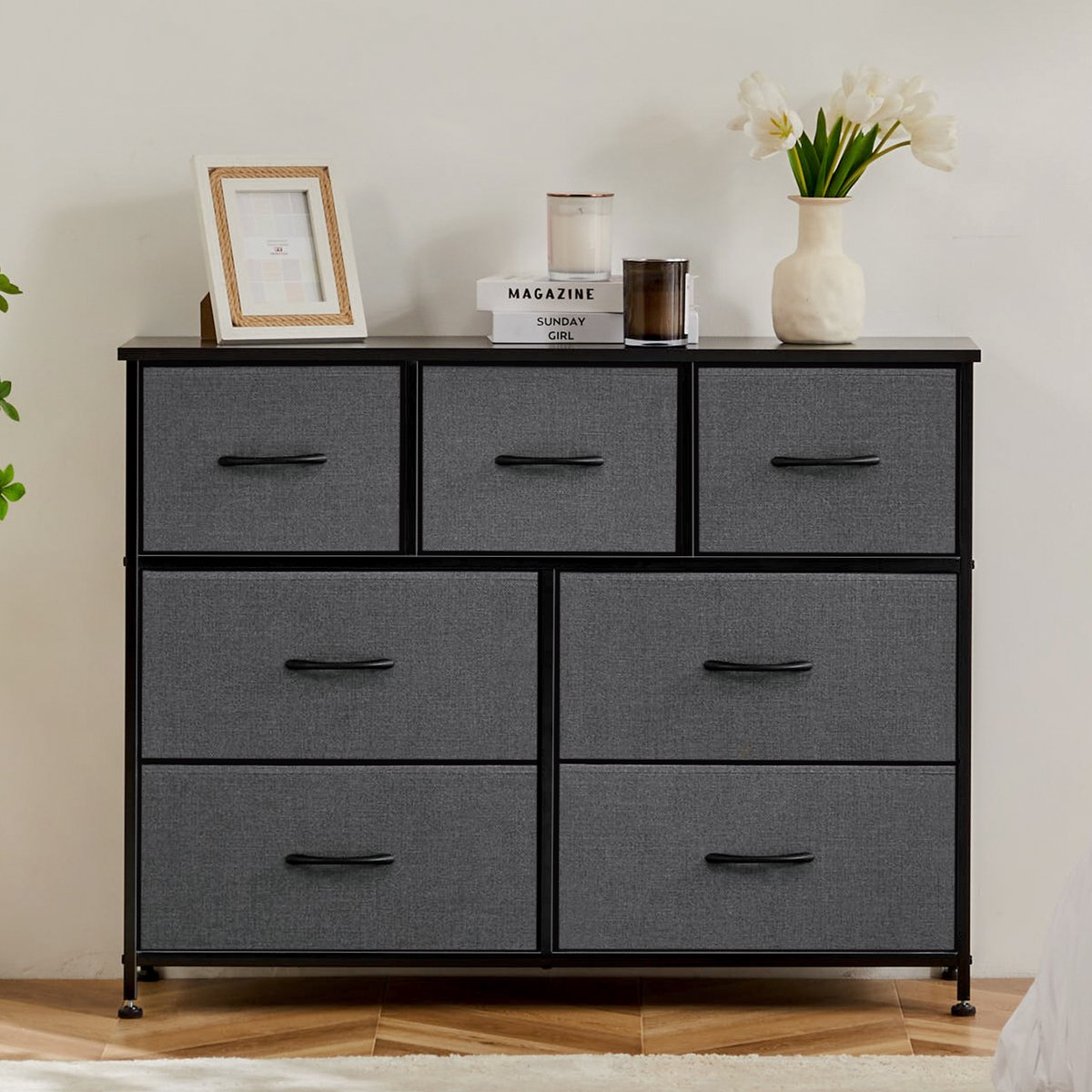 Ladekast - Opbergkast met 7 lades – Stoffen ladekast met metalen frame – 3 kleine + 4 grote lades – Vrijstaande kledingkast slaapkamer/hal – Grijs – 100x30x77 cm