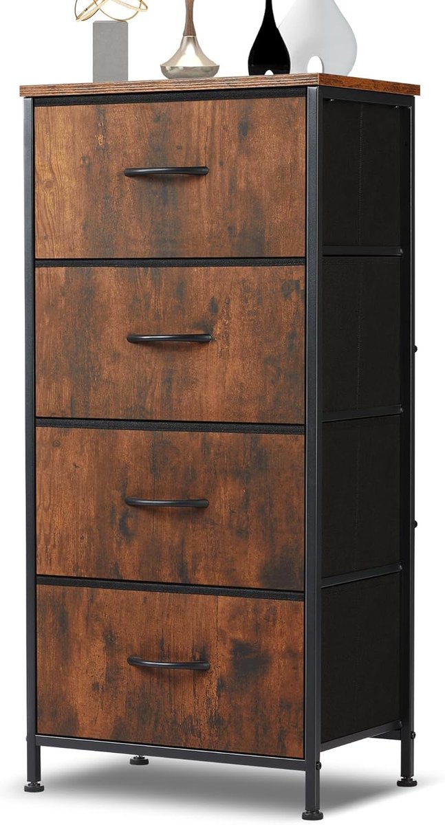 ladekast - Opbergkast met 4 lades – Stoffen ladekast – Metalen frame – Dressoir kast slaapkamer/hal – Bruin – 44x30x95 cm