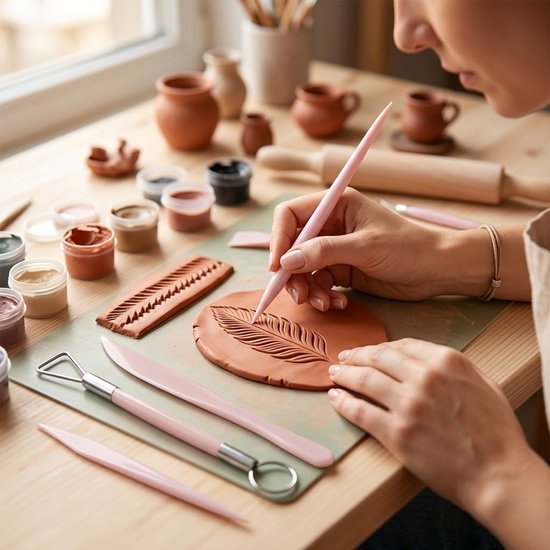 Roze kunststof kleimessen set 5 delig – boetseer gereedschap voor klei en aardewerk – dubbele uiteinden met metalen lus en diverse snij vormen – geschikt voor beginners en gevorderden