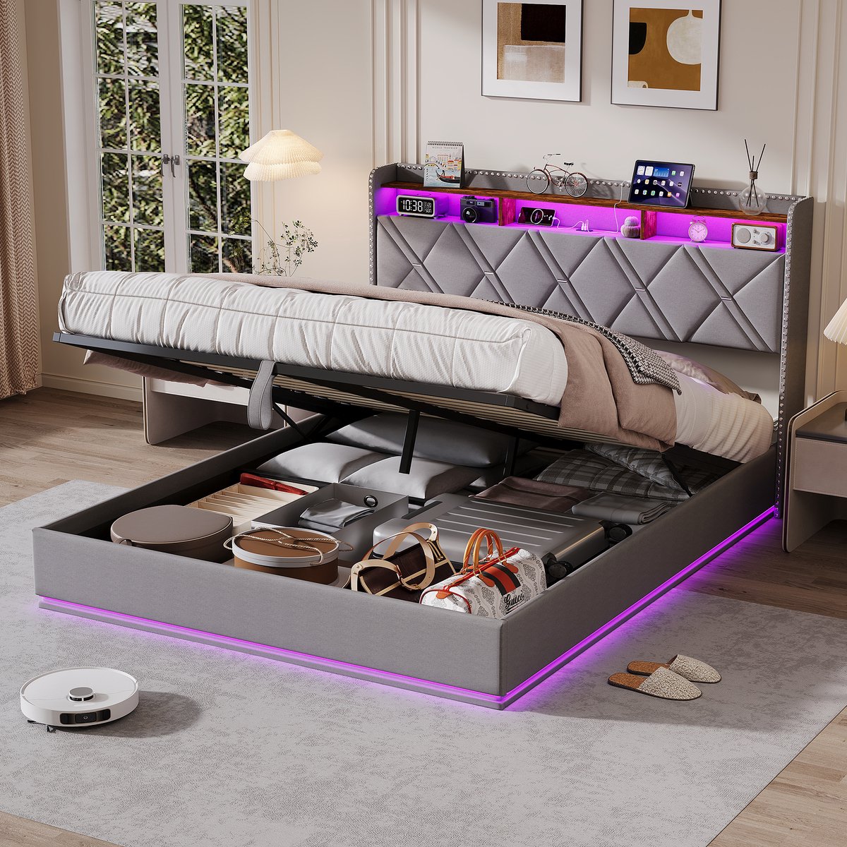 Opbergbed 140x200 Grijs Linnen – met LED, USB-C & Opbergruimte
