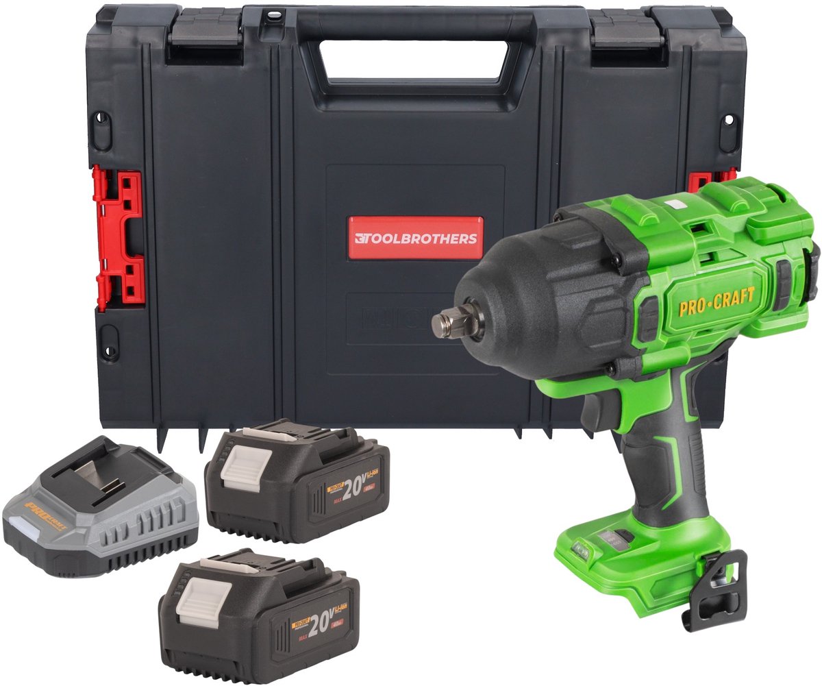 Procraft PWA80bb accu-slagmoersleutel 20 V 1600 Nm 1/2" borstelloos + 2x accu 4,0 Ah + oplader + RHINO-gereedschapskoffer