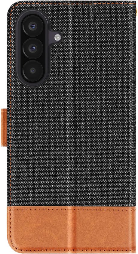 Avizar Étui portefeuille compatible avec Samsung Galaxy A57 Effet denim avec languette magnétique, Noir / Orange