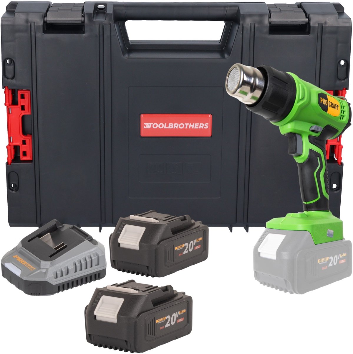 Procraft PH24bb accu-heteluchtpistool 20 V 50 - 550 °C + 2x accu 4,0 Ah + oplader + RHINO-gereedschapskoffer