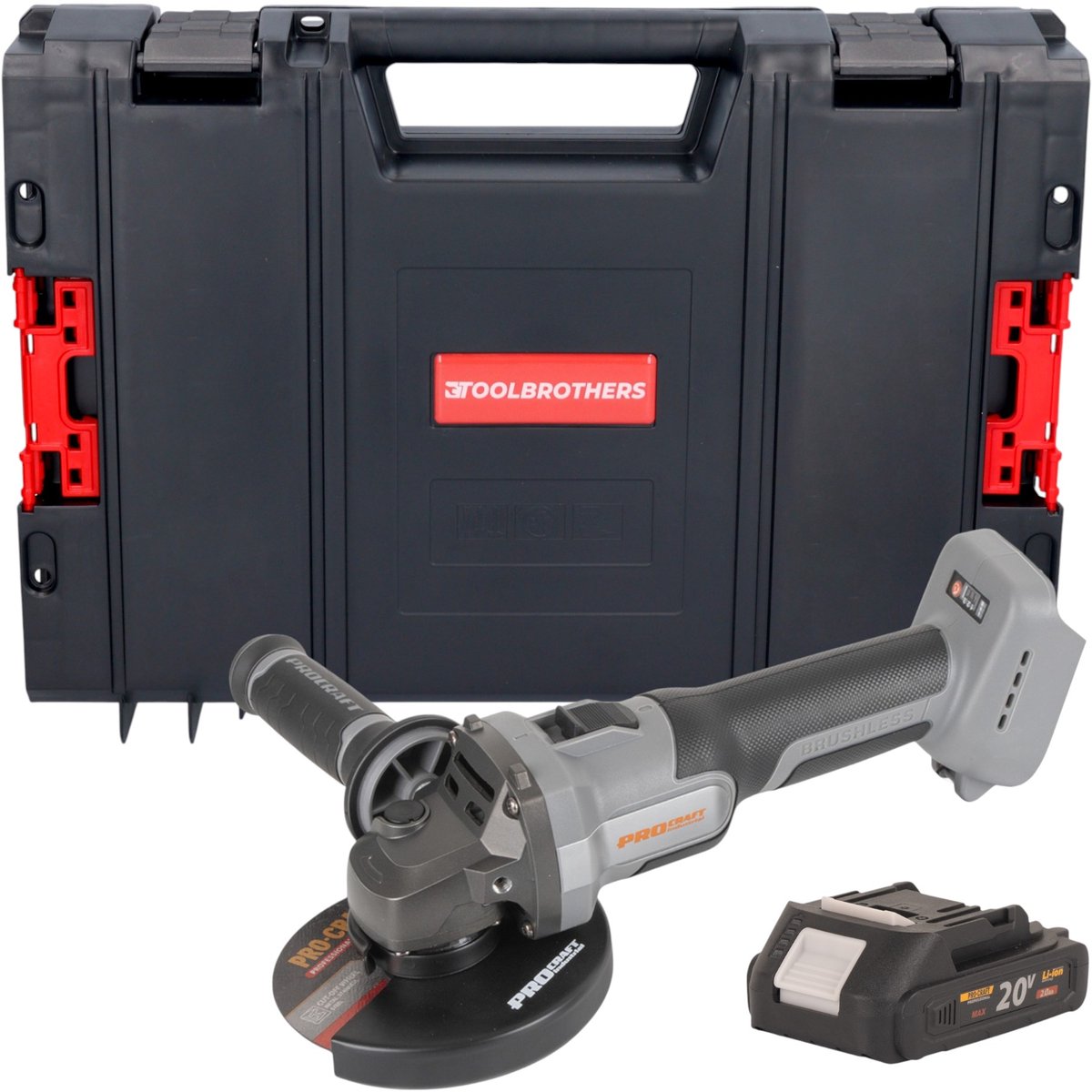 Procraft Industrial AG125Abb accu haakse slijper 20 V 125 mm borstelloos + 1x accu 2,0 Ah + RHINO-gereedschapskoffer - zonder oplader