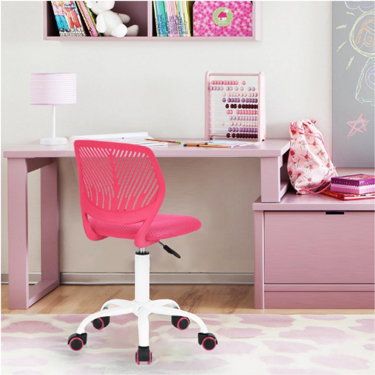 FurnitureR Ergonomische Bureaustoel - In Hoogte Verstelbare Draaistoel - Compacte Computerstoel Met Wielen - Thuiskantoor En Make Up Stoel - Roze thumbnail 4