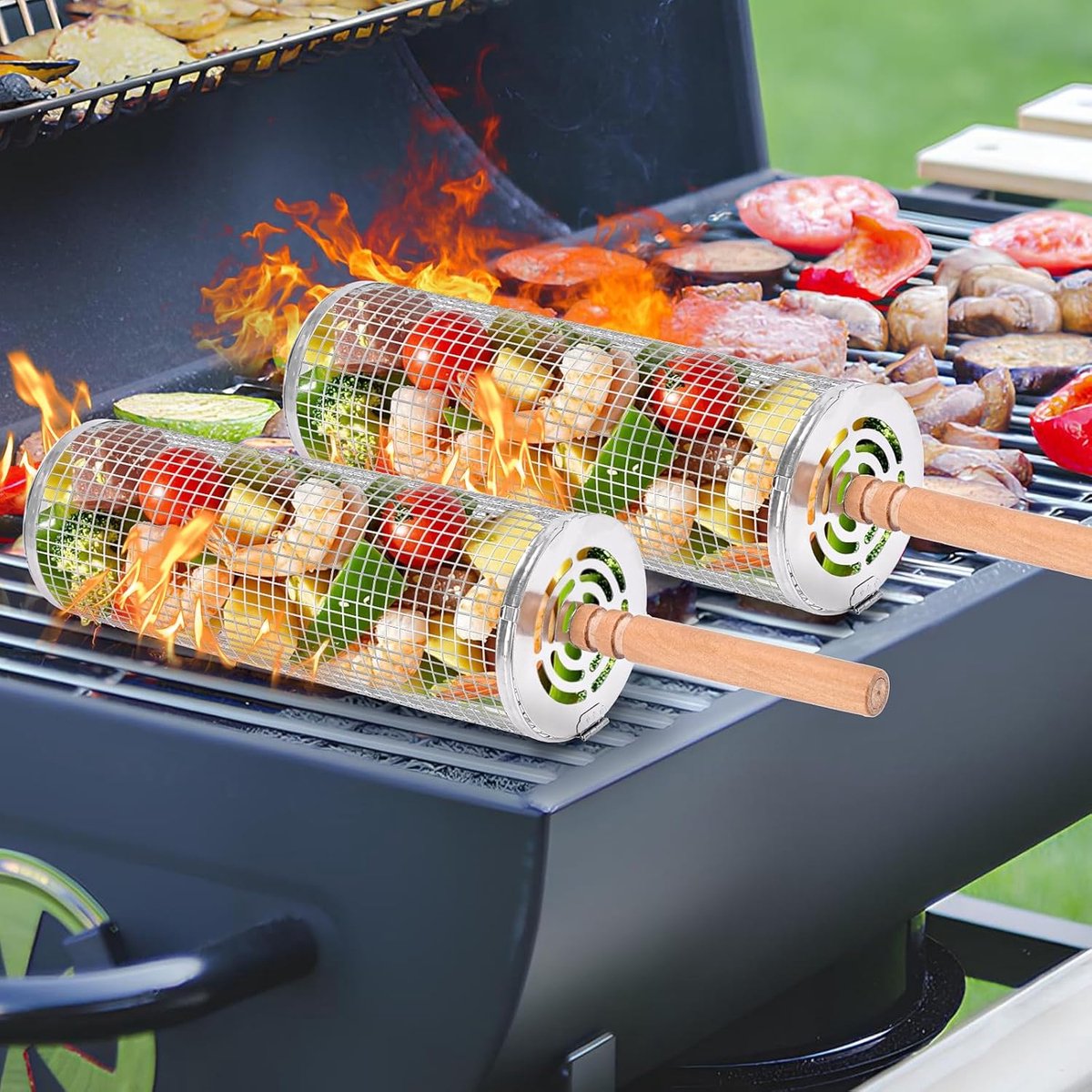 OLOEY Set van 2 cilindrische grillmanden-roestvrijstalen rolgrillmanden-draagbare oprolgrillmanden met houten handvat voor buitengrillaccessoires voor kamperen