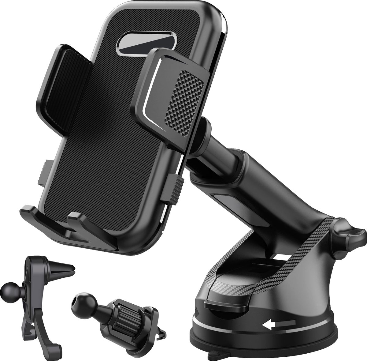 SecuFirst SPH301 3-in-1 Telefoonhouder Auto met Extra Sterke Zuignap met 3M kleef materiaal voor Voorruit raam of Dashboard- GSM Mobiel Houder Ventilatie Luchtrooster met Haak - Mobiel houder Ventilatie Rooster met stevige klem