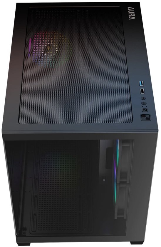 Zwarte computerkast met glazen zijkant en aRGB verlichting. Merknaam 'AURA' zichtbaar bovenaan.