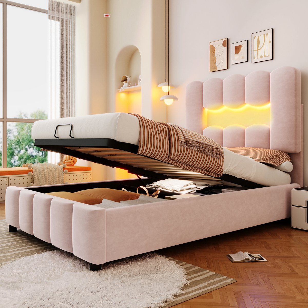 DESMIU Gestoffeerd Bed 90x200 cm - Verstelbaar Hoofdbord Met Hydraulische Opbergruimte - Voor Slaapkamer - Velours - Roze - Zonder Matras