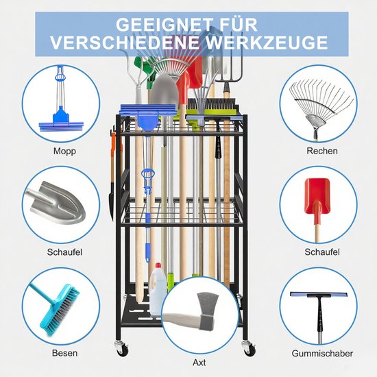 Zware Stalen Tuingereedschap Opbergrek met Haken en Wielen - Roestbestendige Gereedschapsorganizer voor Tuin en Garage - Zwart — afbeelding 4