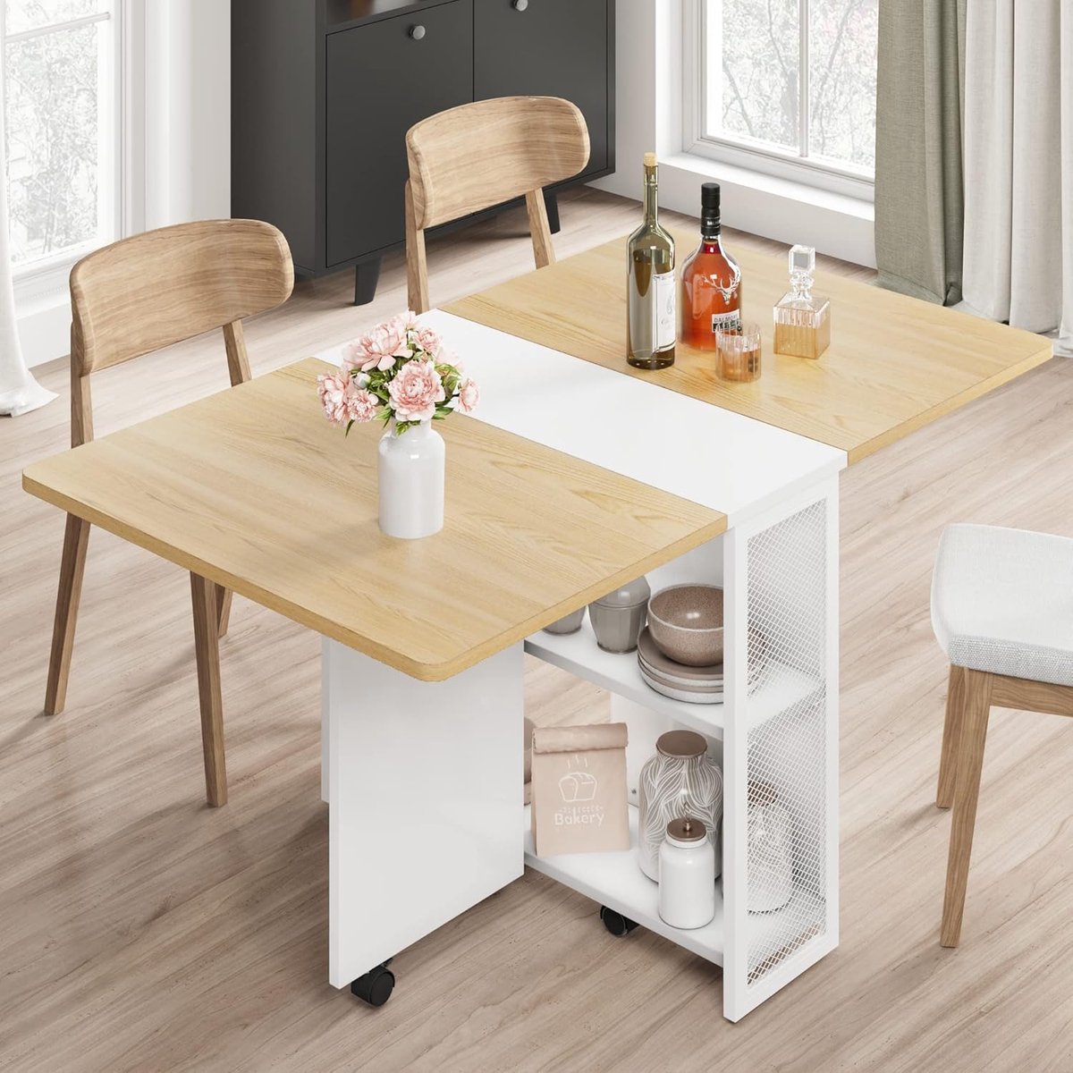 Opvouwbare Eettafel met Wielen – Ruimtebesparende Uitschuifbare Klaptafel – Mobiele Keukentafel met Opbergrek – Drop-Leaf Bureau voor 4 tot 6 Personen – Naturel Houtlook – 127 x 80 x 75 cm