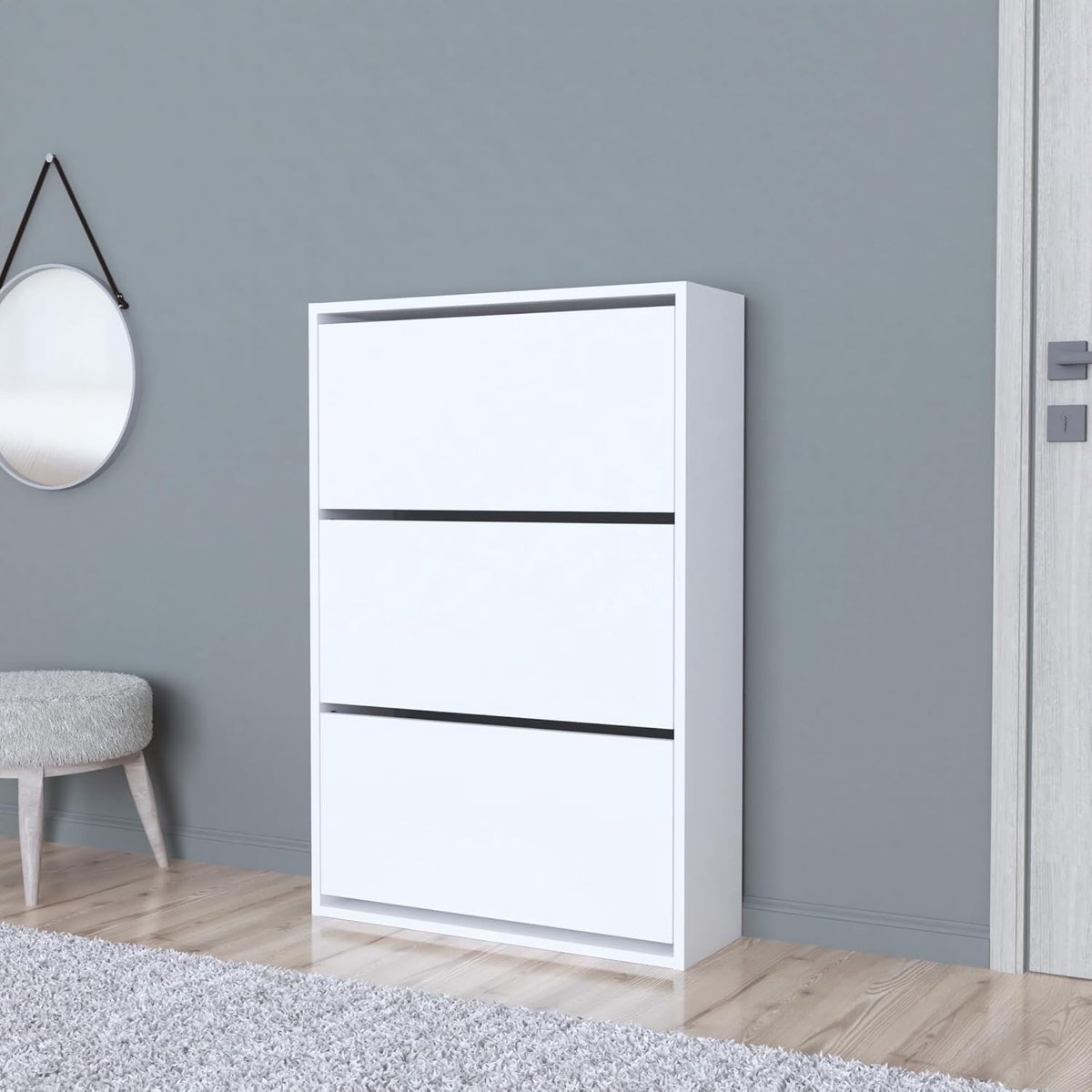 Schoenenkast | House&Garden Aurskog Schoenenkast met 3 Kiepdeuren – 18 Paar Opbergcapaciteit – Smalle Moderne Schoenenkast 110 x 73,5 x 24 cm – Wit Gelakt – Ruimtebesparende Hal Schoenenkast voor Ingang & Gang