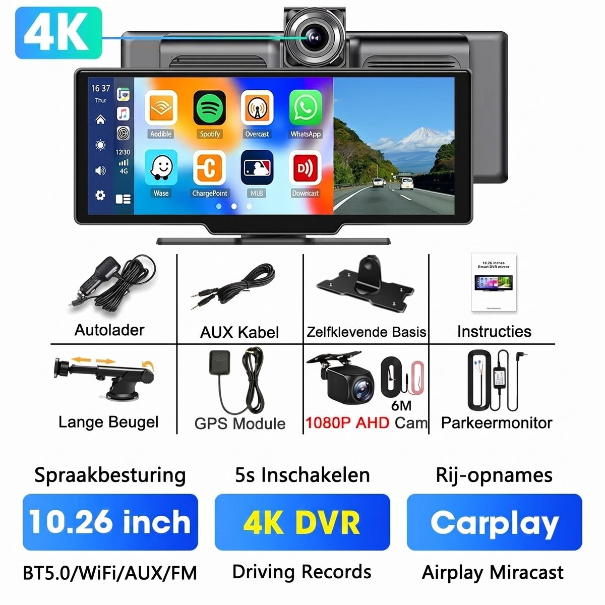 NordHaus Dashcam 4K met 26 cm Scherm - CarPlay Autoradio - Android Auto Display - Dual Camera Opname - Zwart Full Set