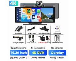 NordHaus 4K Dashcam met 26 cm IPS Touchscreen - Draadloze Apple CarPlay & Android Auto - Dual Camera Voor en Achter - GPS - Wifi - Complete Set - Zwart