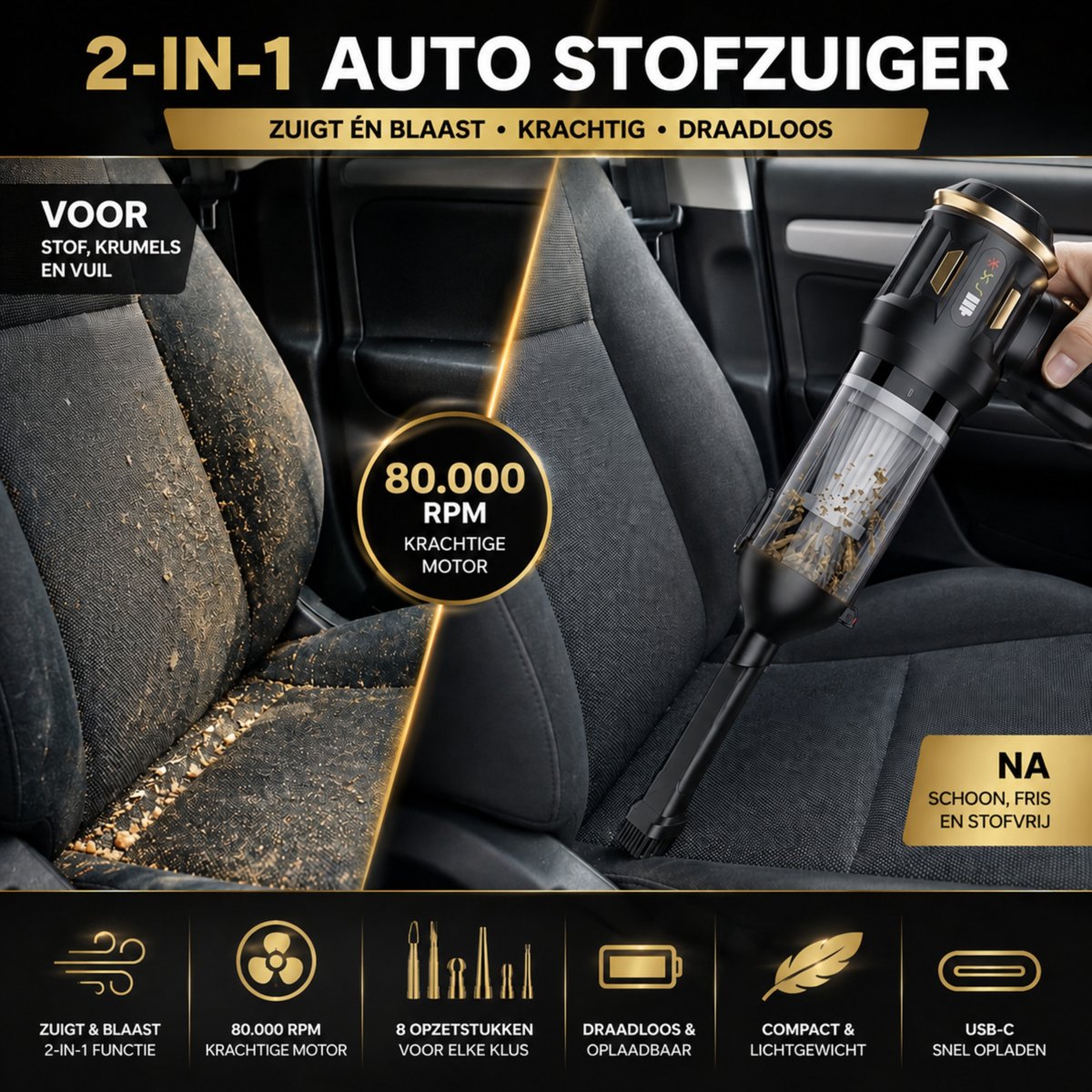 Cadeauplek.nl Boncy 2-in-1 Draadloze Auto Stofzuiger met 8 - afbeelding 2
