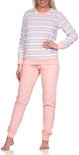 Damespyjama met lange mouwen en een ronde hals, met horizontale strepen in wit, grijs en roze. De broek is effen roze. Met een ijskristalapplicatie op de borst.