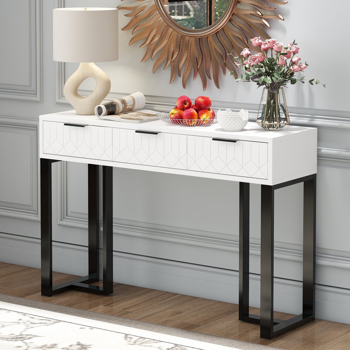 Clruro Consoletafel - Laden en Gouden Frame - Verstelbare Voetjes en Elegante Grepen - MDF Metaal - Wit Zwart Zwart, wit