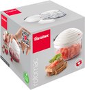 Verpakking van de Metaltex Rotomac hakker, met afbeeldingen van de hakker in gebruik en de inhoud. De hakker is wit met een transparante container.
