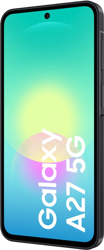 Zijaanzicht van de voorkant van de zwarte Samsung Galaxy A27 5G smartphone.
