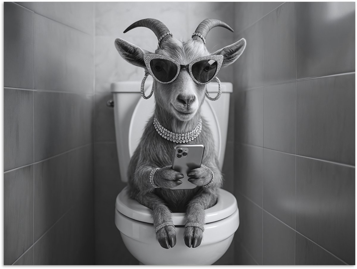 Poster 40x30 cm - Geit - Telefoon - Toilet - Zwart - Wit - Posters - Kamer decoratie - Wan