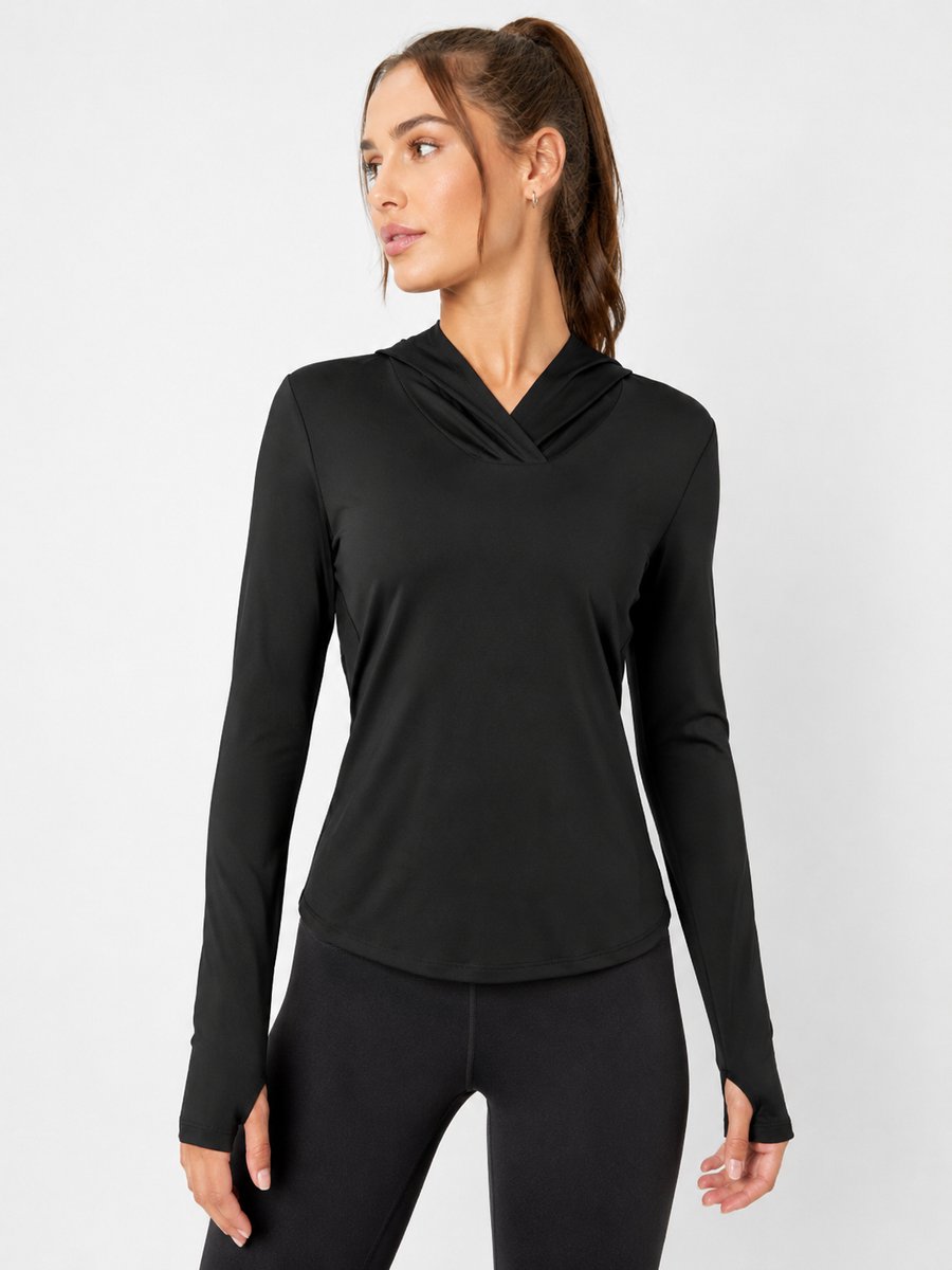 SparkNine Serenity fitness hoodie dames - met capuchon & split-back design - L - zwart - dames sporttop - stijlvolle sportrui - ademend & sneldrogend