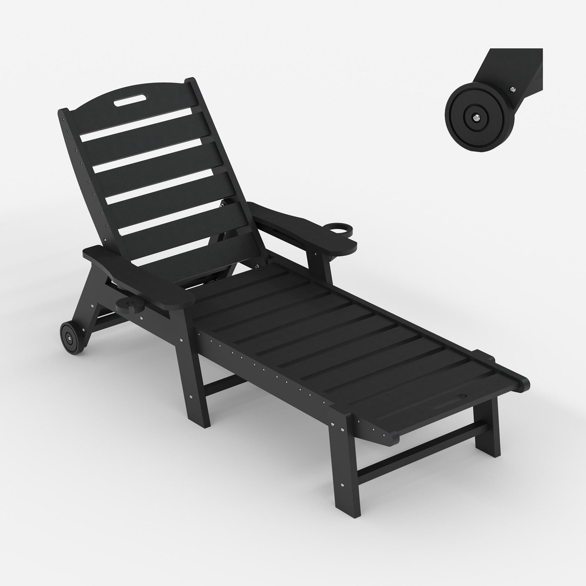 Danky Opklapbare Ligstoel met Wielen - 5-standen Verstelbare Buitenligstoel - Inklapbare Zonneligstoel voor Tuin, Zwembad, Strand & Camping - Zwart - met Wieltjes