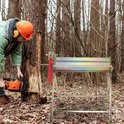 Man met oranje helm en gehoorbescherming zaagt een boom om met kettingzaag op een metalen zaagbok.