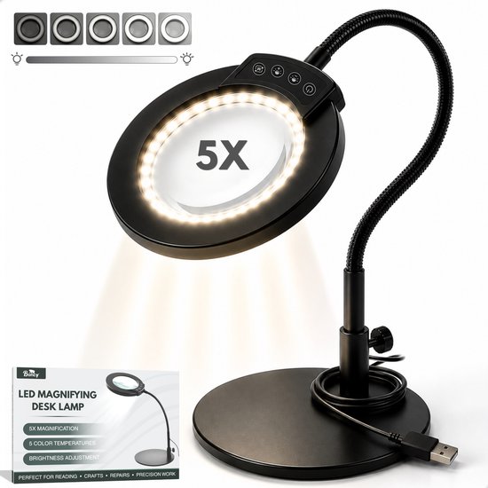 Boncy® Premium Loeplamp met LED Verlichting - Staande Loep Vergrootglas - Flexibele Looplamp op Standaard - Hobbylamp Borduurlamp Verstelbaar - Dimbare Tafelloep met USB Snoer - Tafel Loeplampen - 5x Vergroting - 5 Kleurmodi