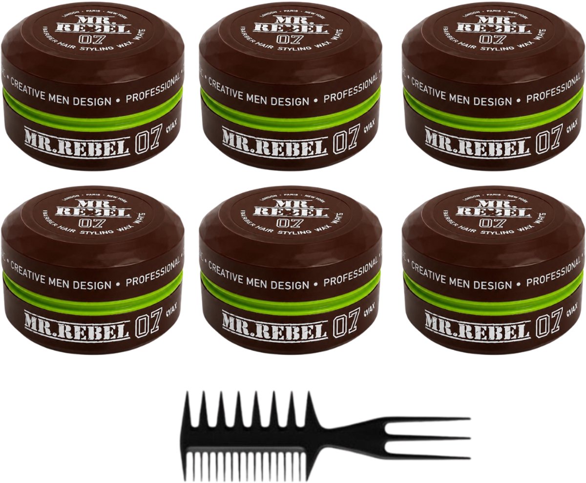 MR. REBEL 07 Haarwax Mannen – Matte Hair Styling Wax set van 6 stuks + 1 styling kam – Sterke Hold – Matte Finish – Volume & Textuur – Natuurlijke Look – Barber Wax 900 ml