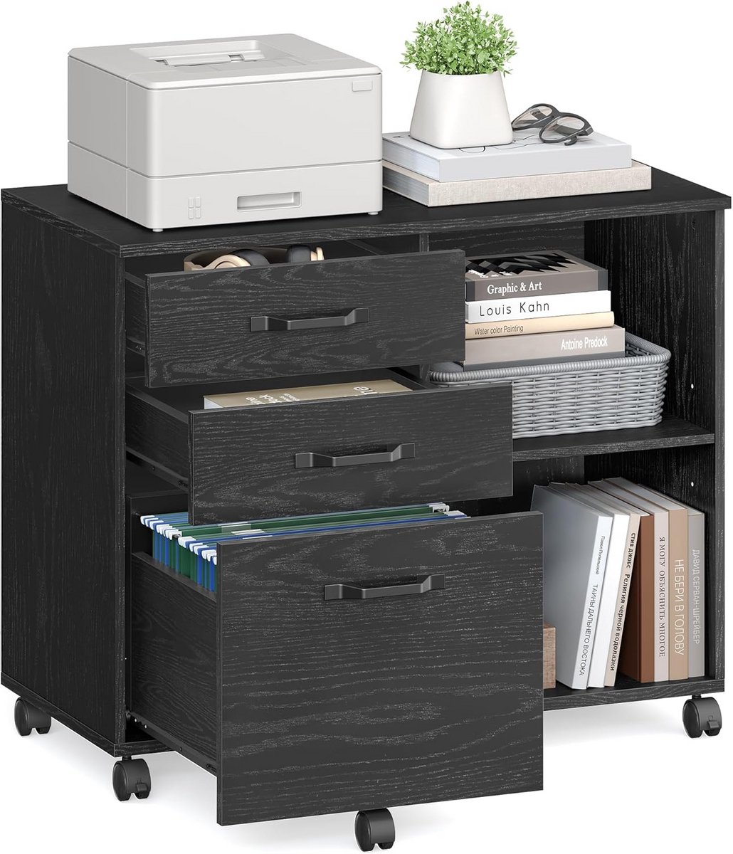 Archiefkast Met Wielen - Ladeblok Bureau - Thuiswerkplek Organiseren - Verstelbare Legplank - 40 x 80 x 66 cm - Zwart