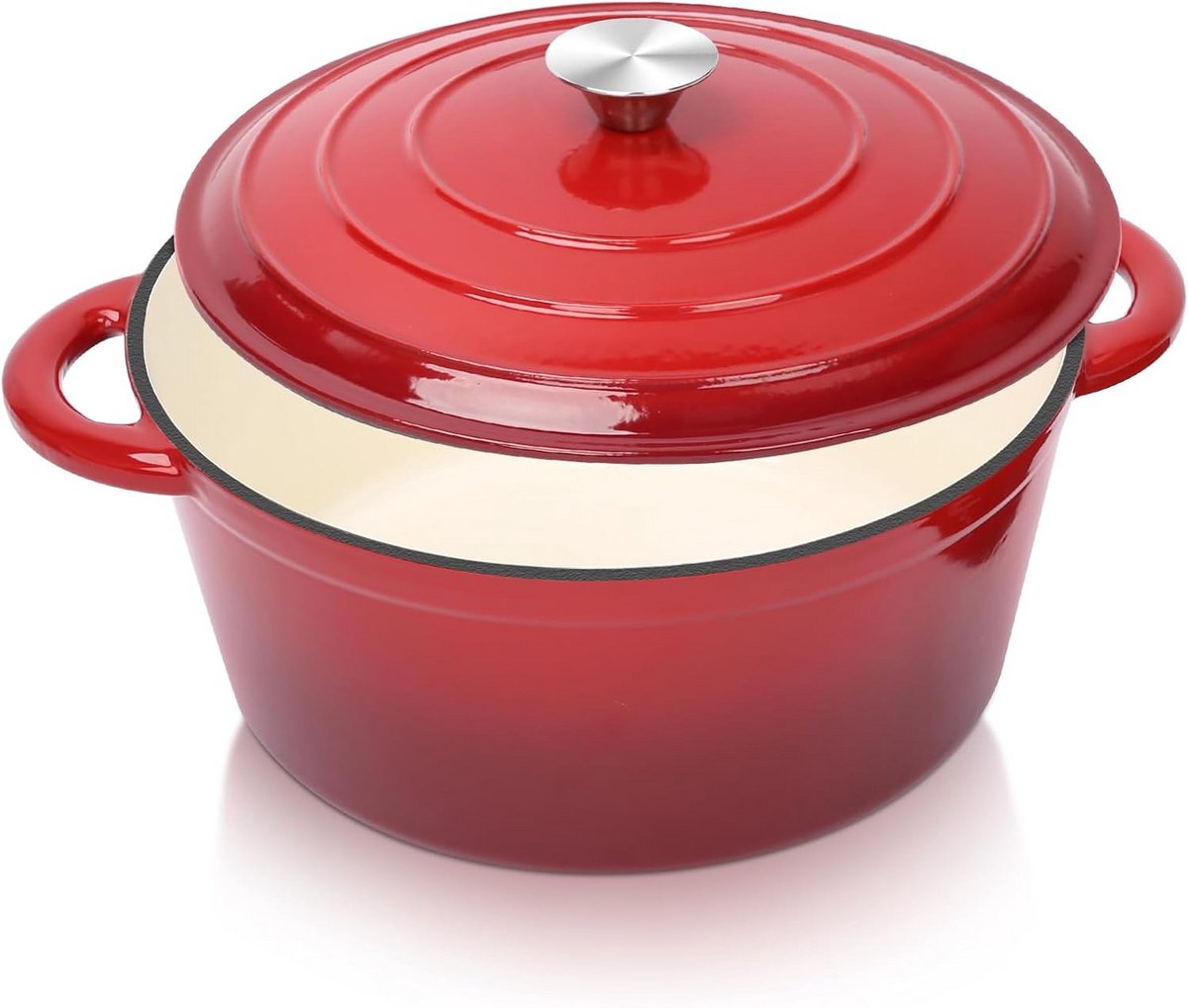 Gietijzeren Stoofpan - Dutch Oven - Brood Bakken - Zelf-basterend Deksel - 28 cm - Rood