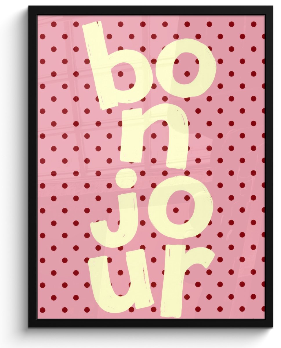 FrameYourWall Poster in lijst - Fotolijst 60x80 cm - Posters - Bonjour - Stippen - Roze- Geel - Posterlijst zwart - Decoratie - Wanddecoratie woonkamer - Muurdecoratie slaapkamer