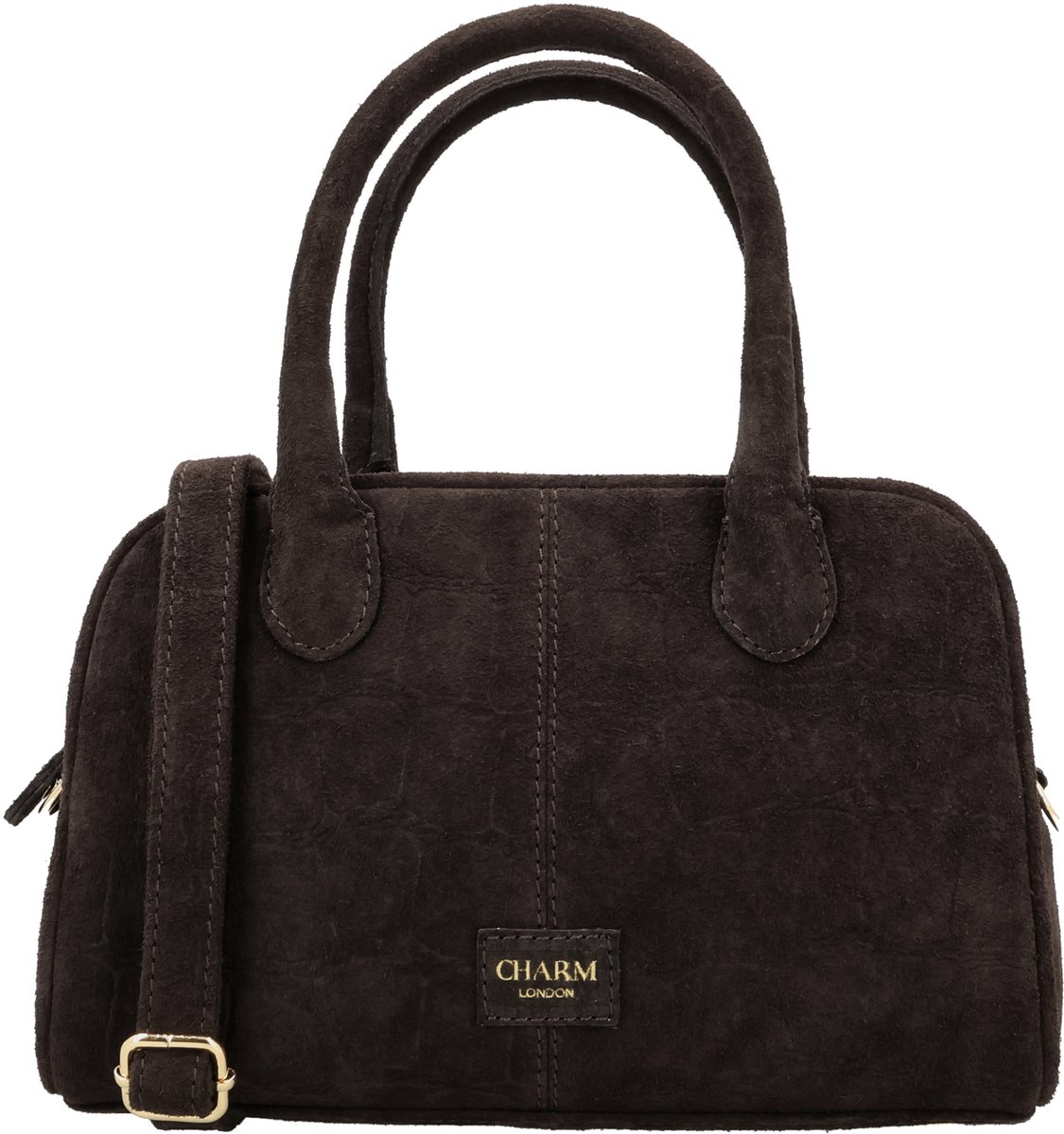 Charm London Cairo Handtas - Echt Suède - Crocoprint - Schouderband - Dames Tas - Ritssluiting - Leren Dames Tas - Donkerbruin